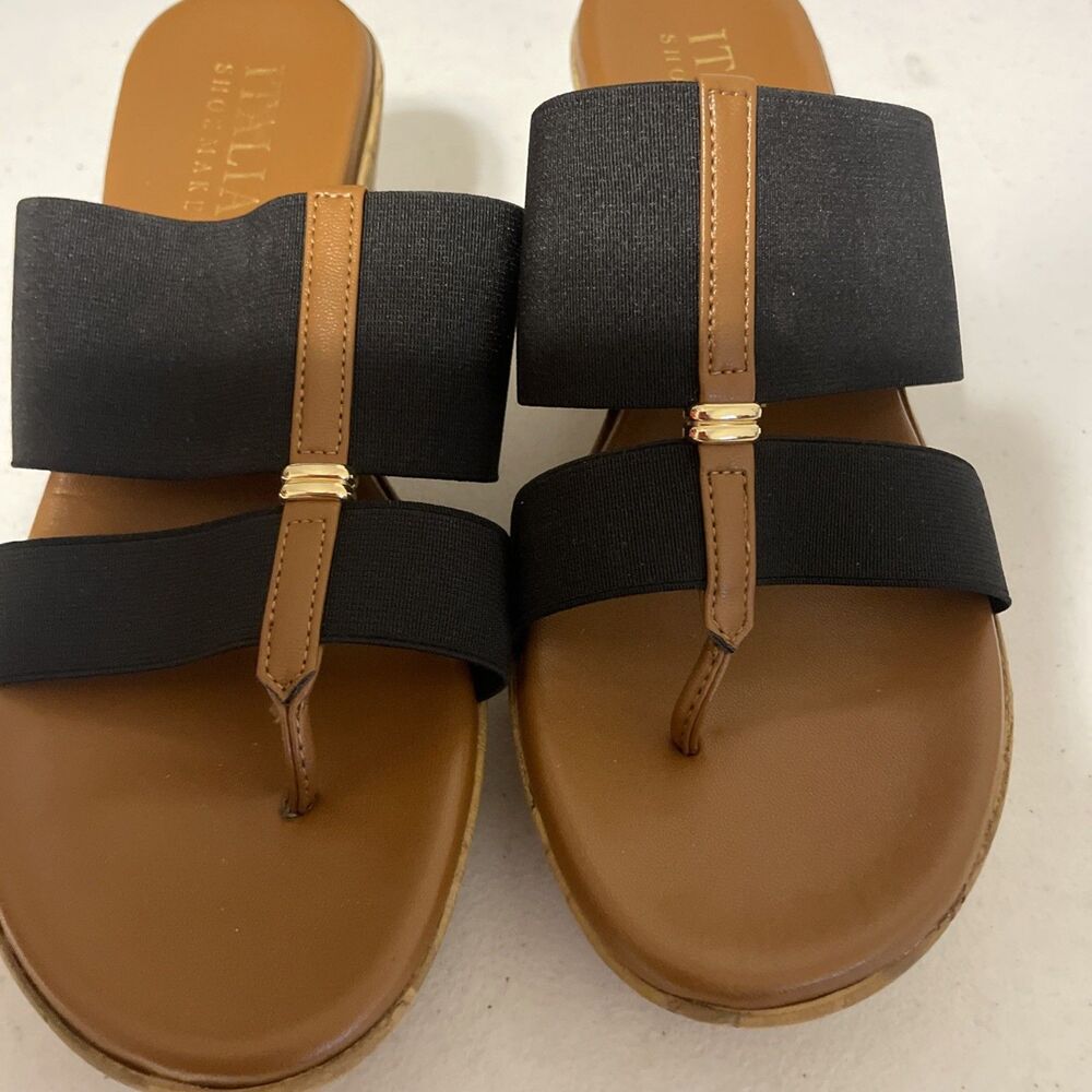 Italian Shoemakers Women's Tan/Black Thong Wedge Sandals Elastic/leather 7